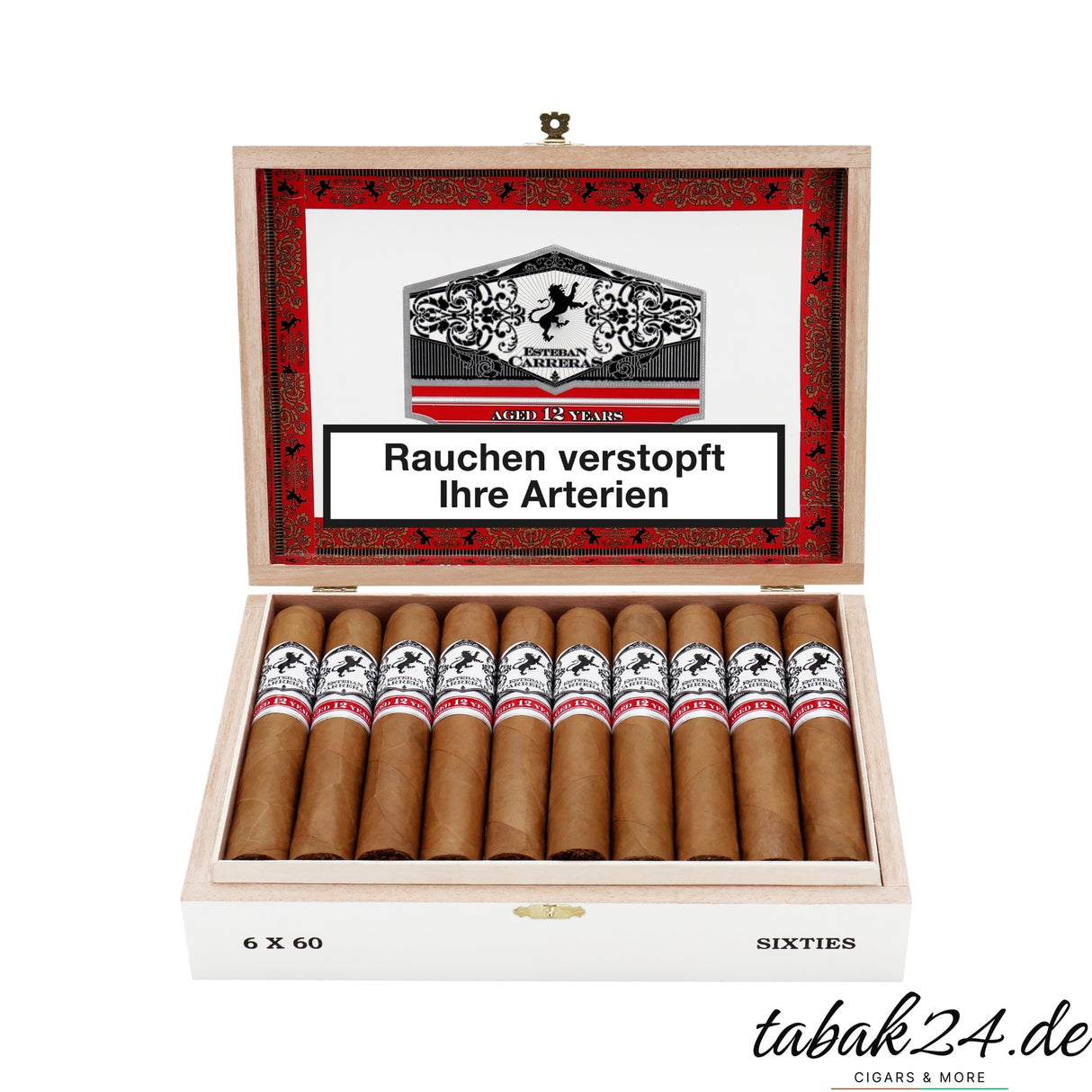 Geöffnete Zigarrenkiste Esteban Carreras Connecticut White Label Sixty mit 20 Zigarren