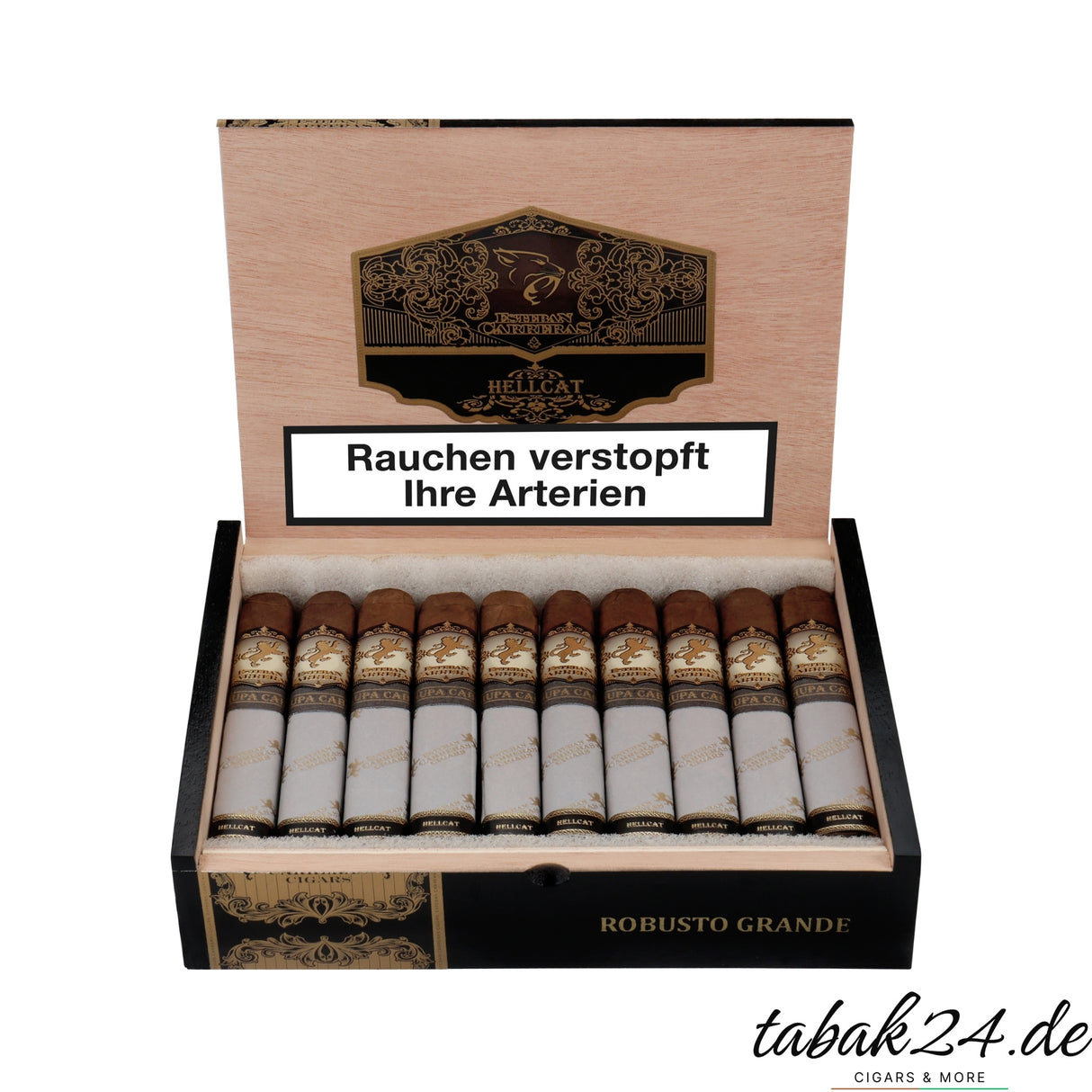 Geöffnete Zigarrenkiste Esteban Carreras Hellcat Robusto Grande mit 20 Zigarren im dunklen Premiumlook