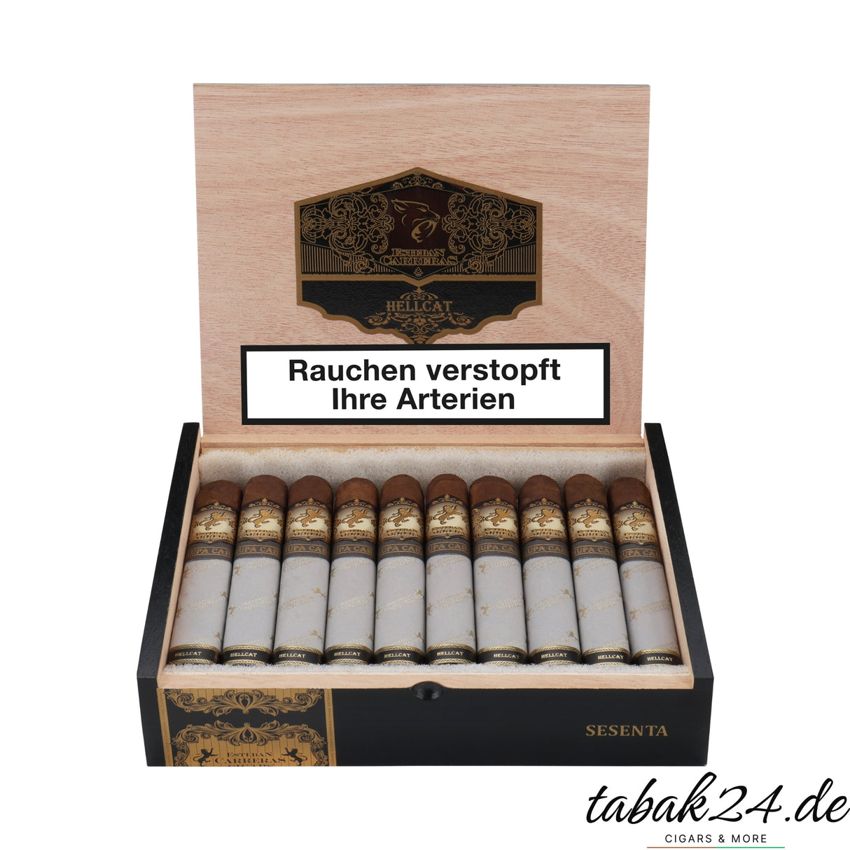 Geöffnete Zigarrenkiste Esteban Carreras Hellcat Sesenta mit 20 großformatigen Zigarren