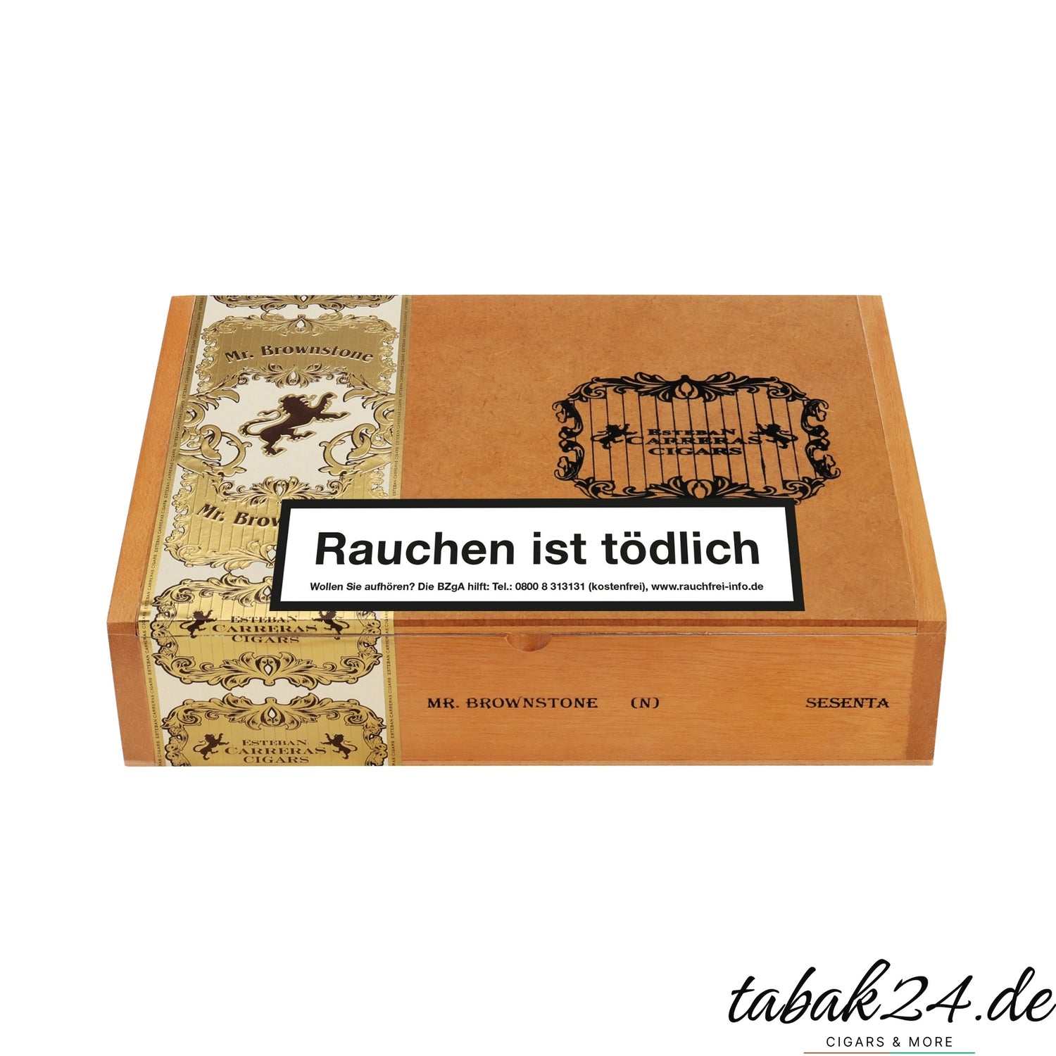 Esteban Carreras Mr. Brownstone Sesenta Zigarrenkiste aus hellem Holz mit goldener Verzierung