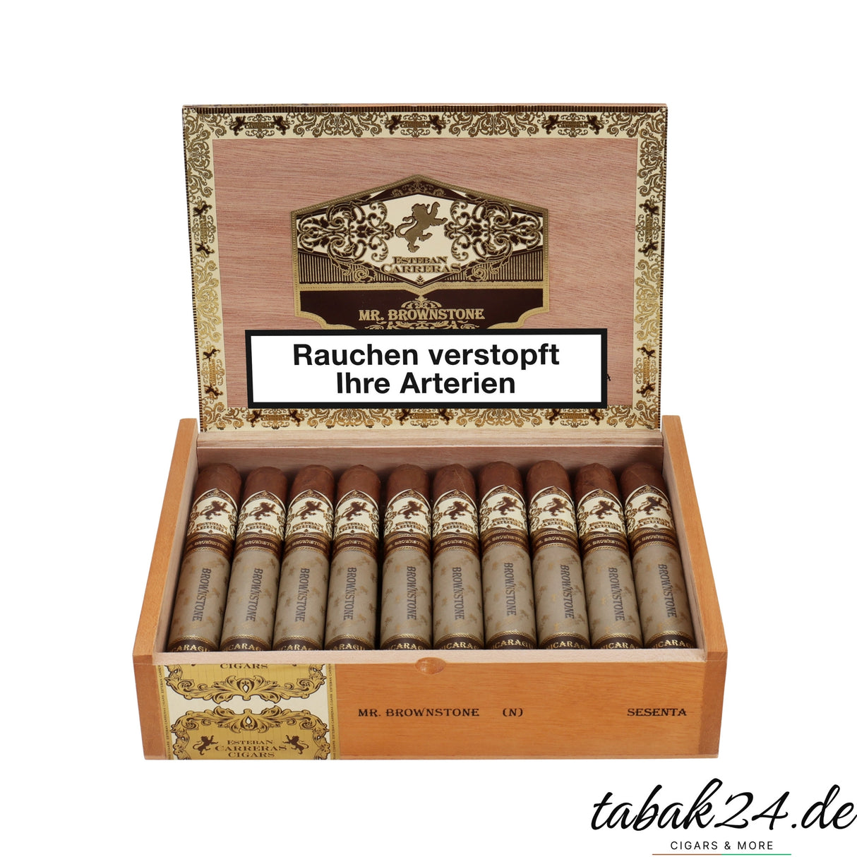 Geöffnete Zigarrenkiste Esteban Carreras Mr. Brownstone Sesenta mit 20 Zigarren im Großformat
