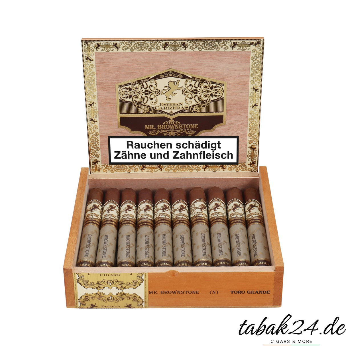 Geöffnete Zigarrenkiste Esteban Carreras Mr. Brownstone Toro mit 20 Zigarren im Holzkorpus