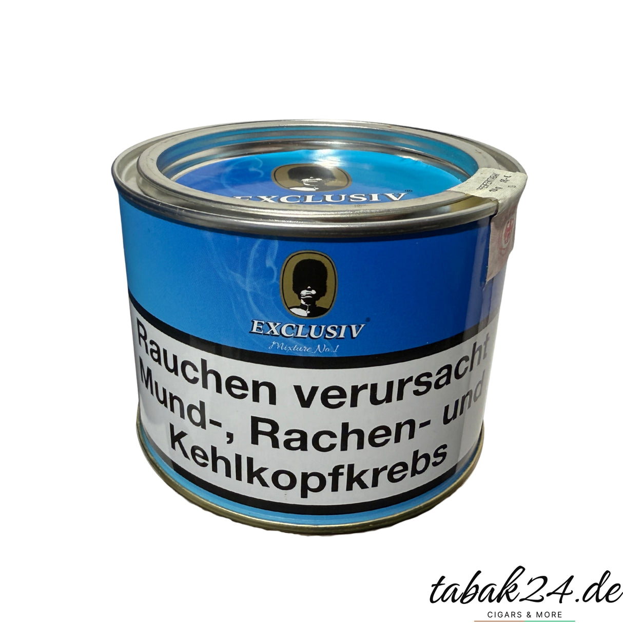 Seitliche Ansicht der Exclusiv Mixture No.1 Pfeifentabakdose mit blauem Design