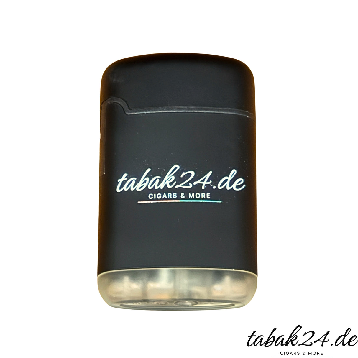 Jetflame-Feuerzeug mit tabak24.de Logo in Schwarz, frontal fotografiert