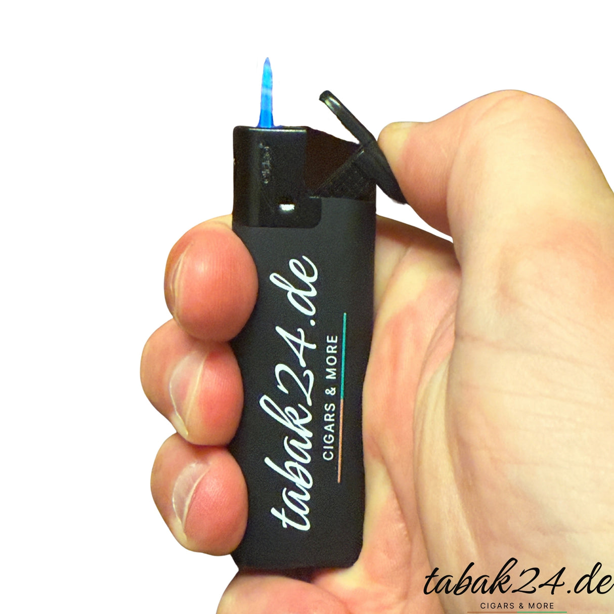Jetflame-Zigarrenfeuerzeug von tabak24.de mit blauer Flamme in Hand