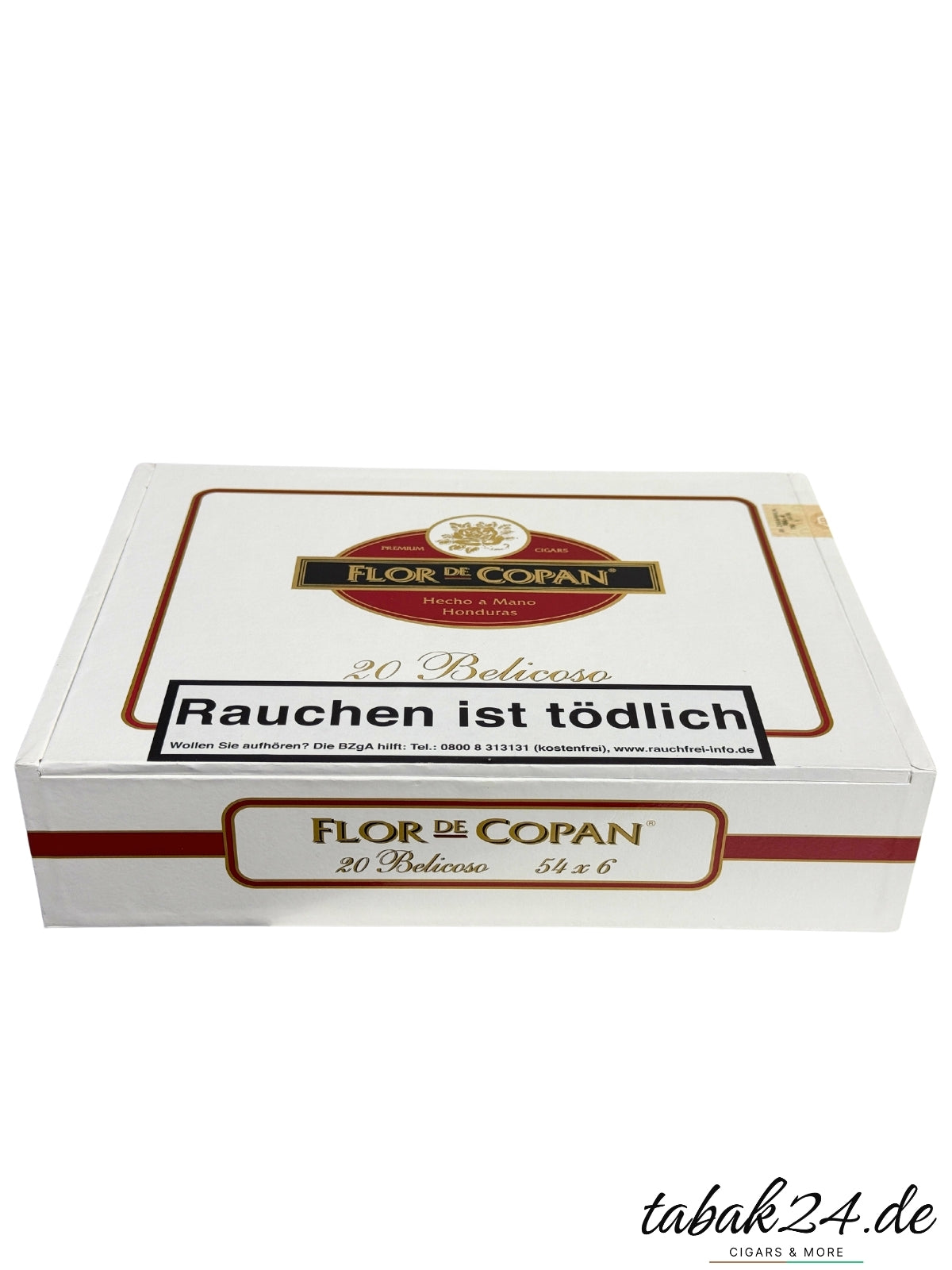 Eine Kiste mit 20 Flor de Copan Belicoso Cigars geschlossen. tabak24.de Logo unten rechts