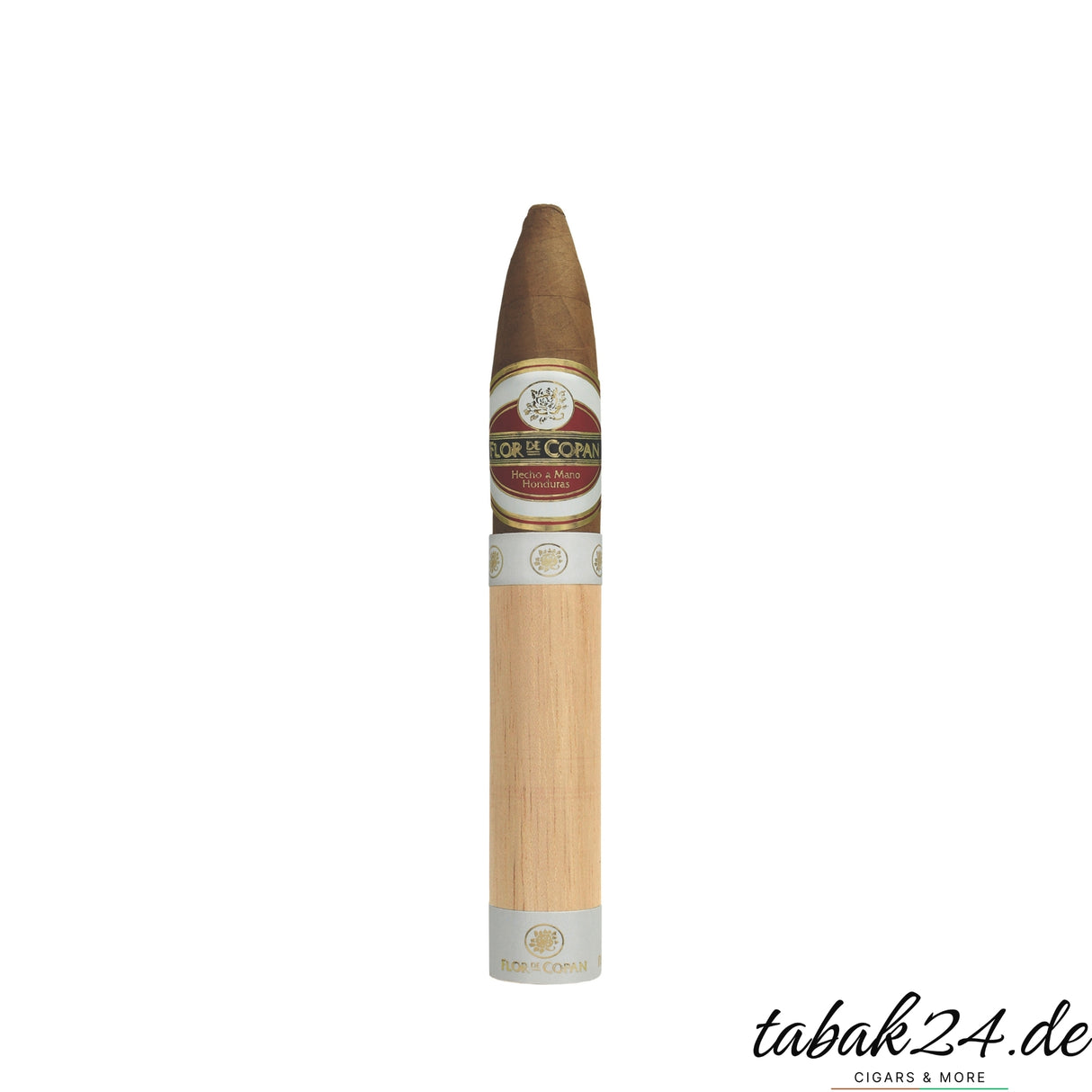 Flor de Copan Belicoso Zigarre mit Zedernholzblatt, stehend vor weißem Hintergrund