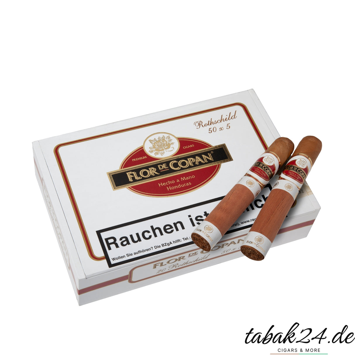 Flor de Copan Rothschild Zigarrenkiste mit zwei Zigarren im Vordergrund