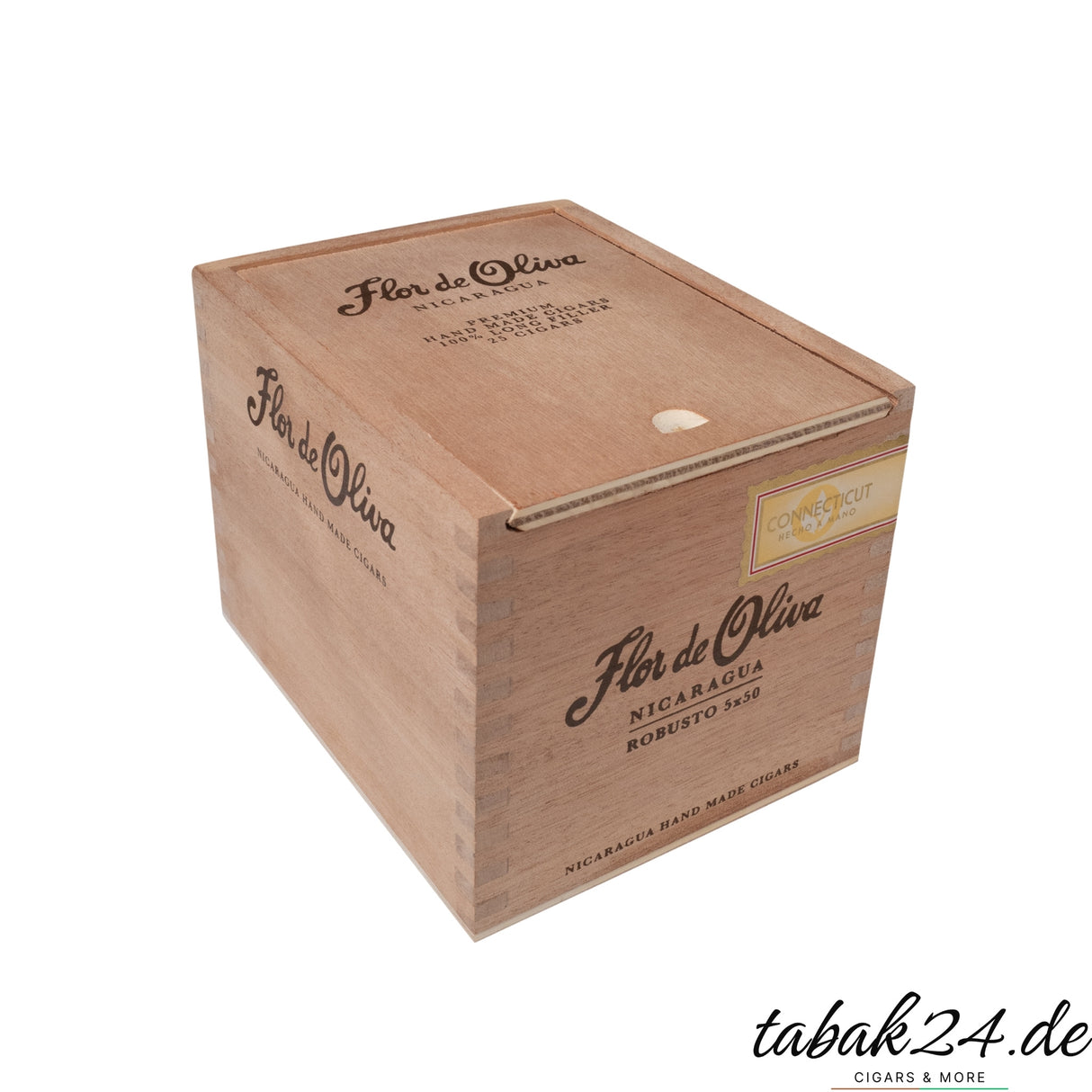 Geschlossene Kiste Flor de Oliva Connecticut Robusto mit Branding und Etikett