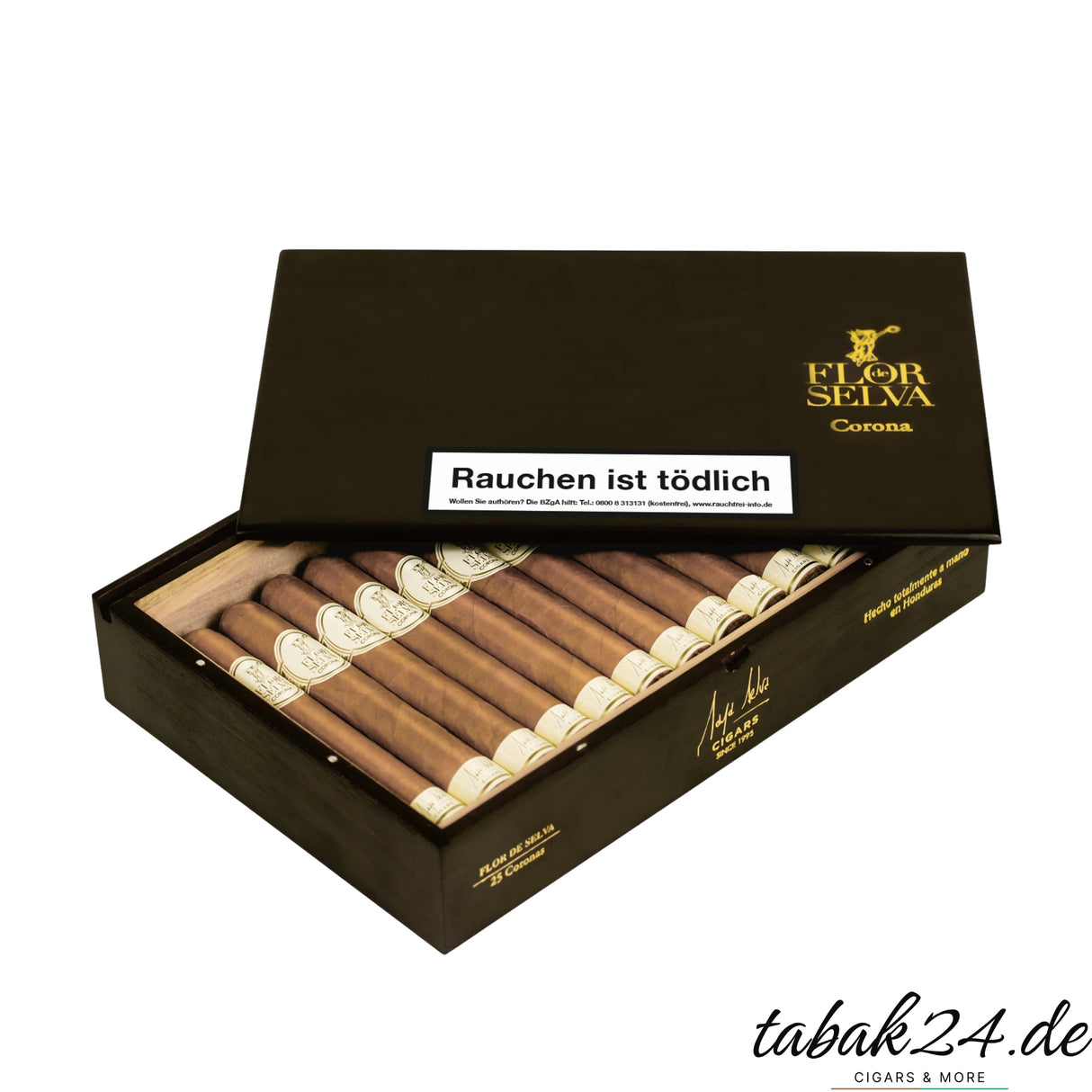 Flor de Selva Corona Kiste mit 25 Zigarren, geöffneter Deckel mit Warnhinweis