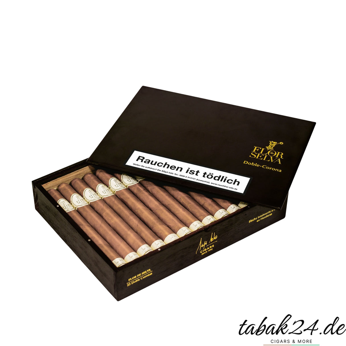 Flor de Selva Double Corona Zigarren in geöffneter 25er-Kiste mit Warnhinweis