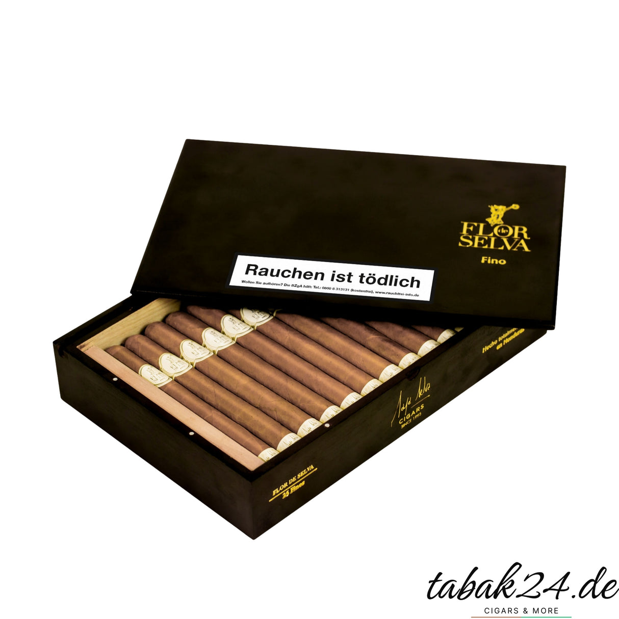 Flor de Selva Fino 25er-Kiste geöffnet mit Sicht auf Inhalt
