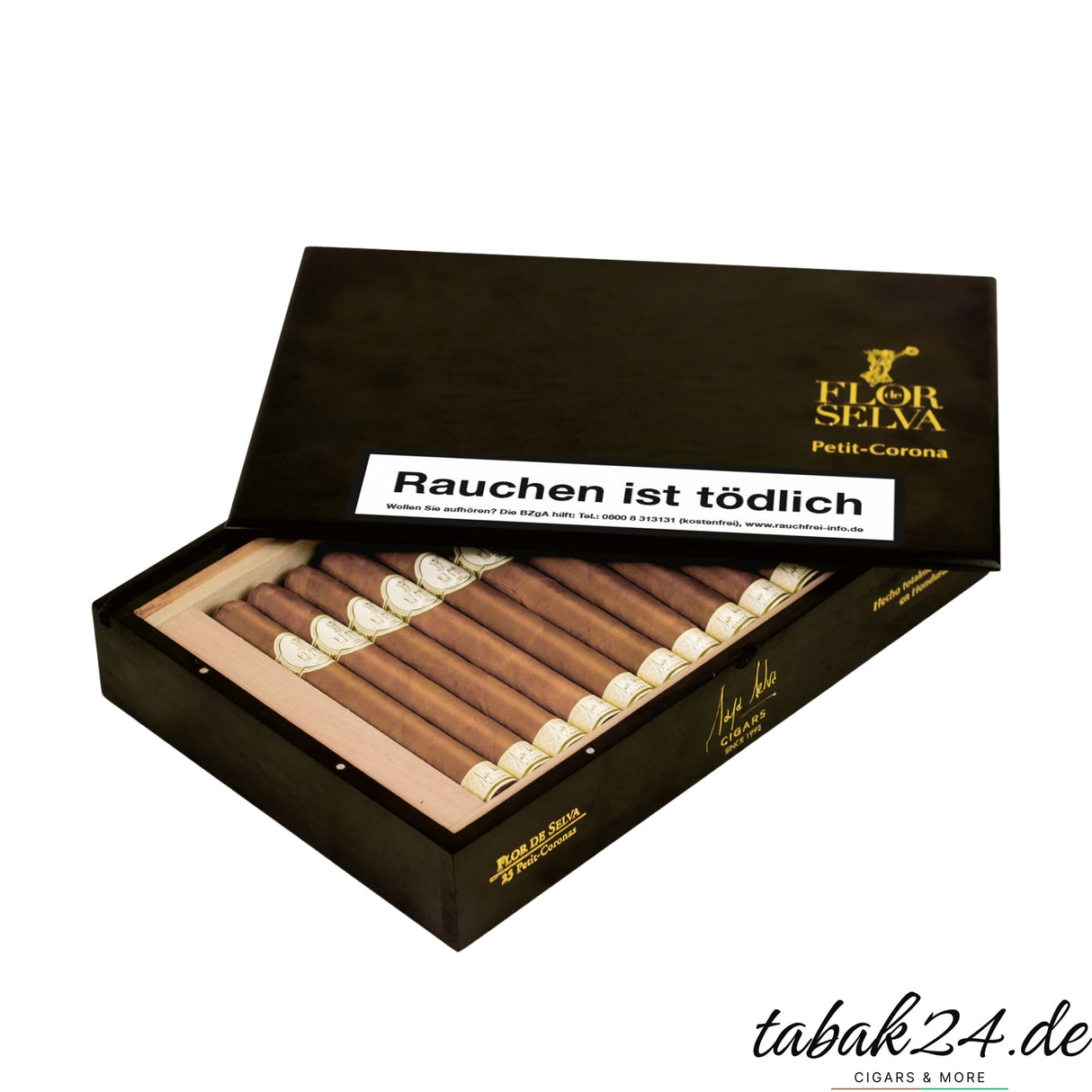 Kiste mit 25 Flor de Selva Petit Corona Zigarren geöffnet