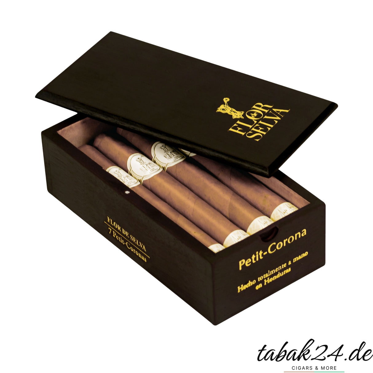 Kleine 7er-Kiste der Flor de Selva Petit Corona im edlen Holzdesign