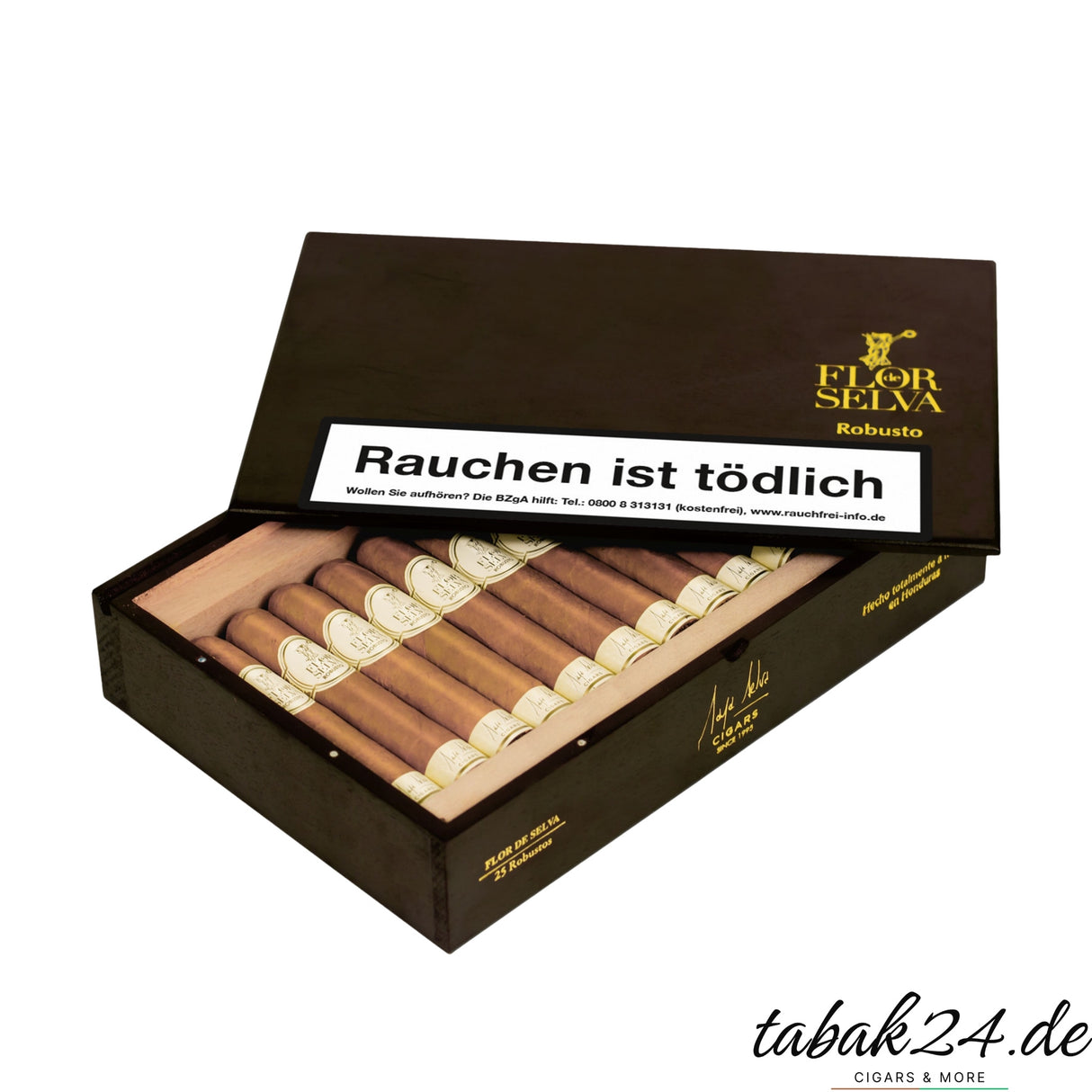 Zigarrenkiste Flor de Selva Robusto mit 25 Zigarren offen dargestellt