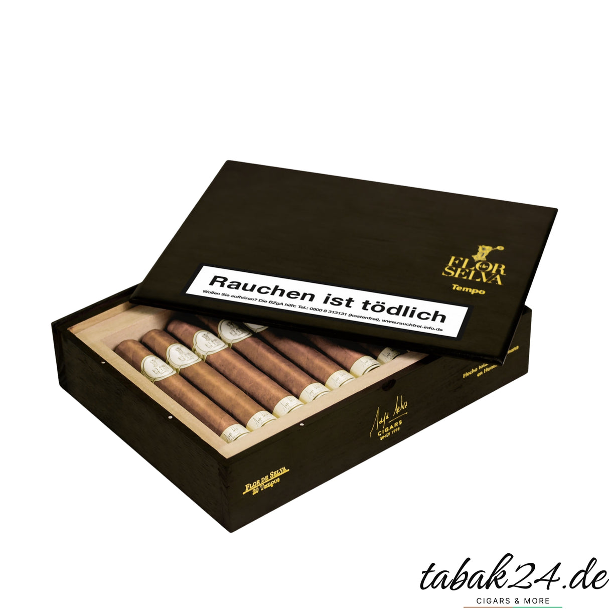 Flor de Selva Tempo 20er-Kiste offen mit hellen Zigarren und goldener Prägung