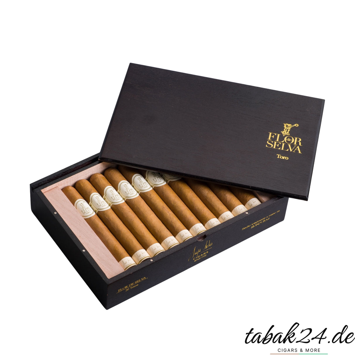 Geöffnete 20er-Kiste der Flor de Selva Toro Zigarren aus Honduras