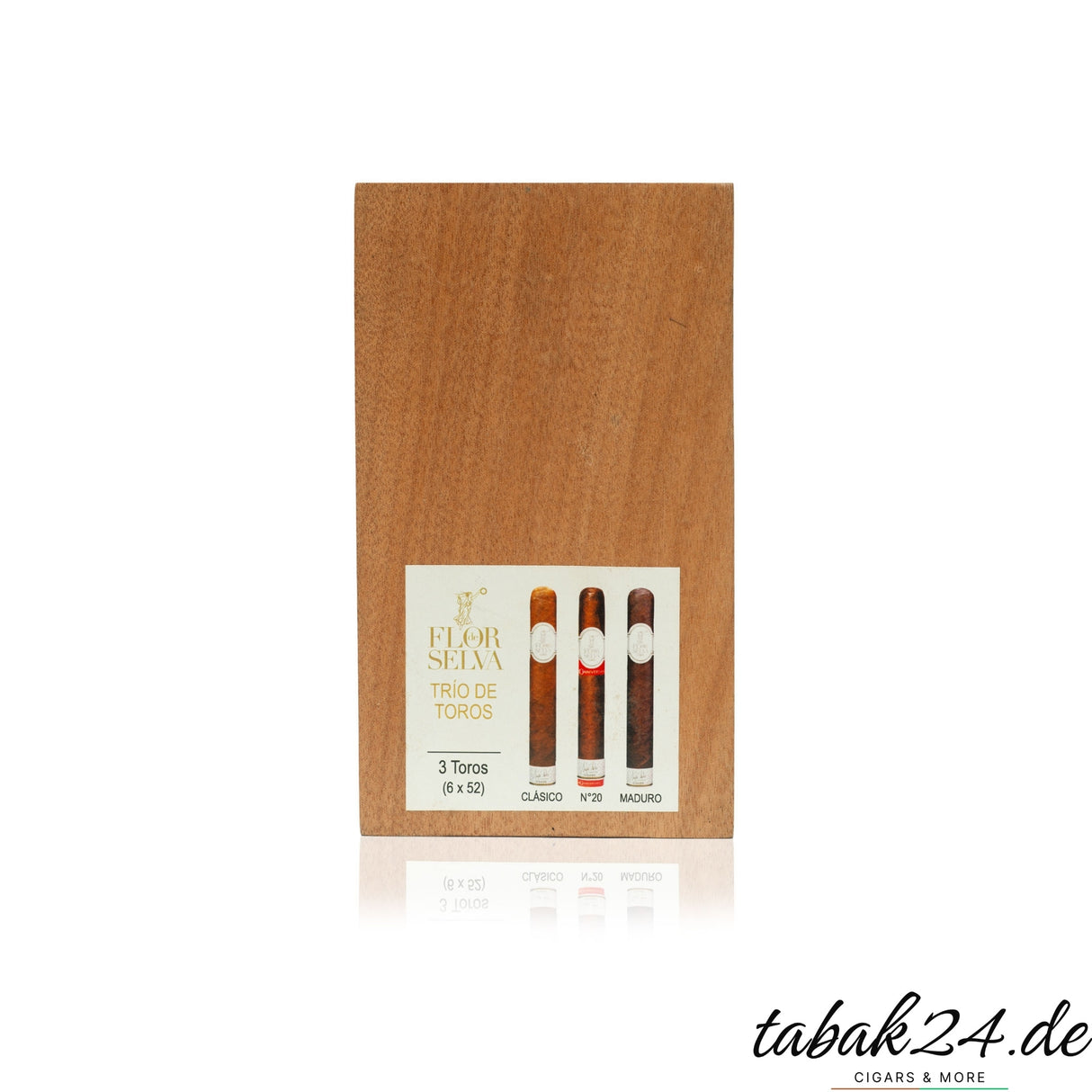 Flor de Selva Trío de Toros Sampler – Rückseite der Holzkiste mit Produktübersicht