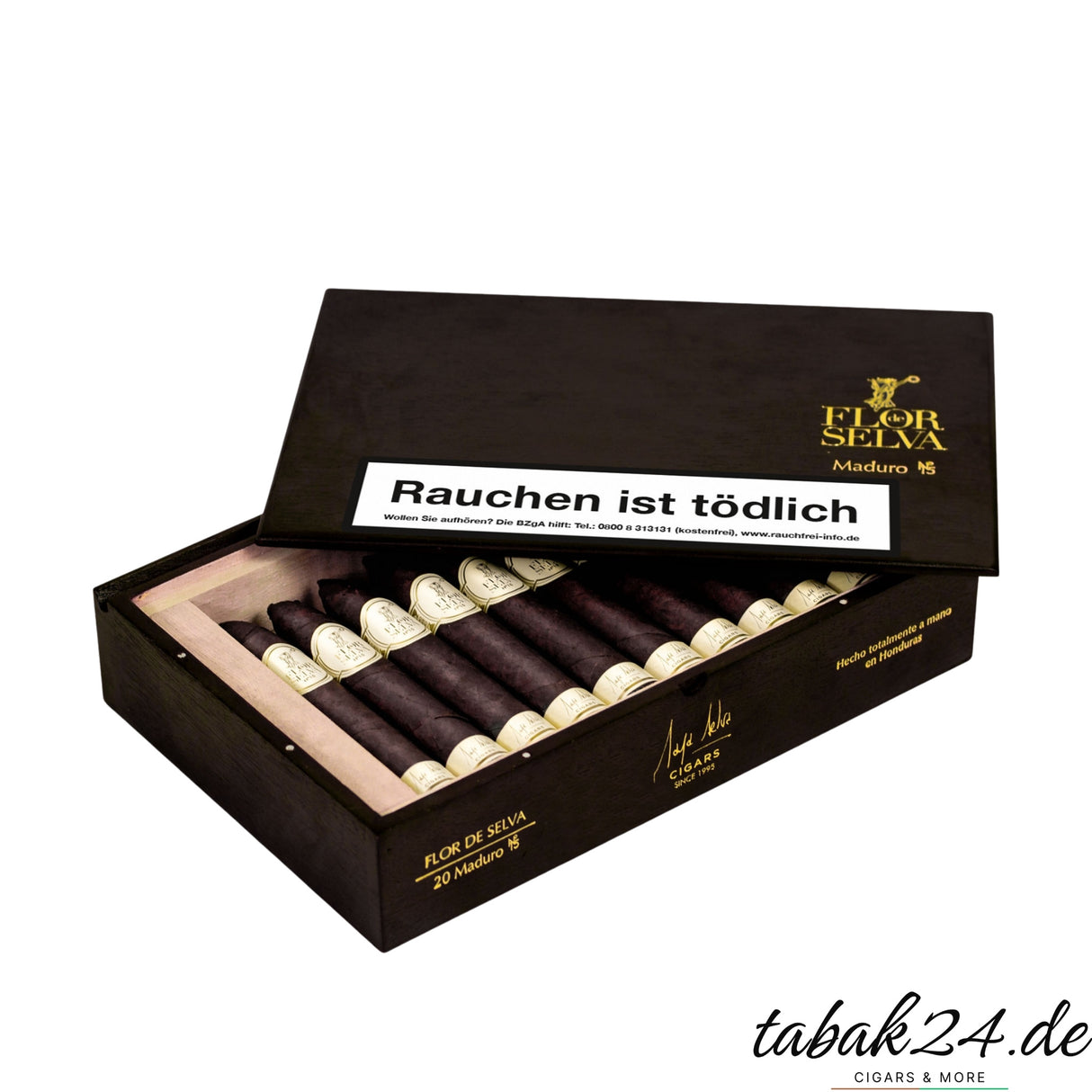 Flor de Selva Maduro No. 15 Figurado Zigarren in geöffneter 20er-Kiste