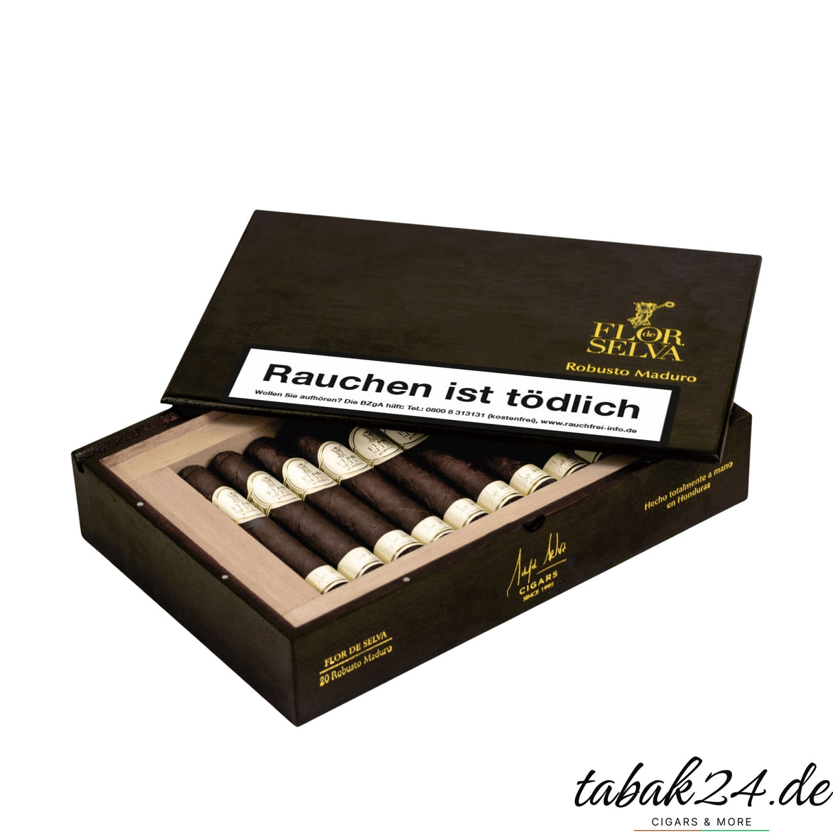 Flor de Selva Maduro Robusto in geöffneter zwanziger Holzkiste