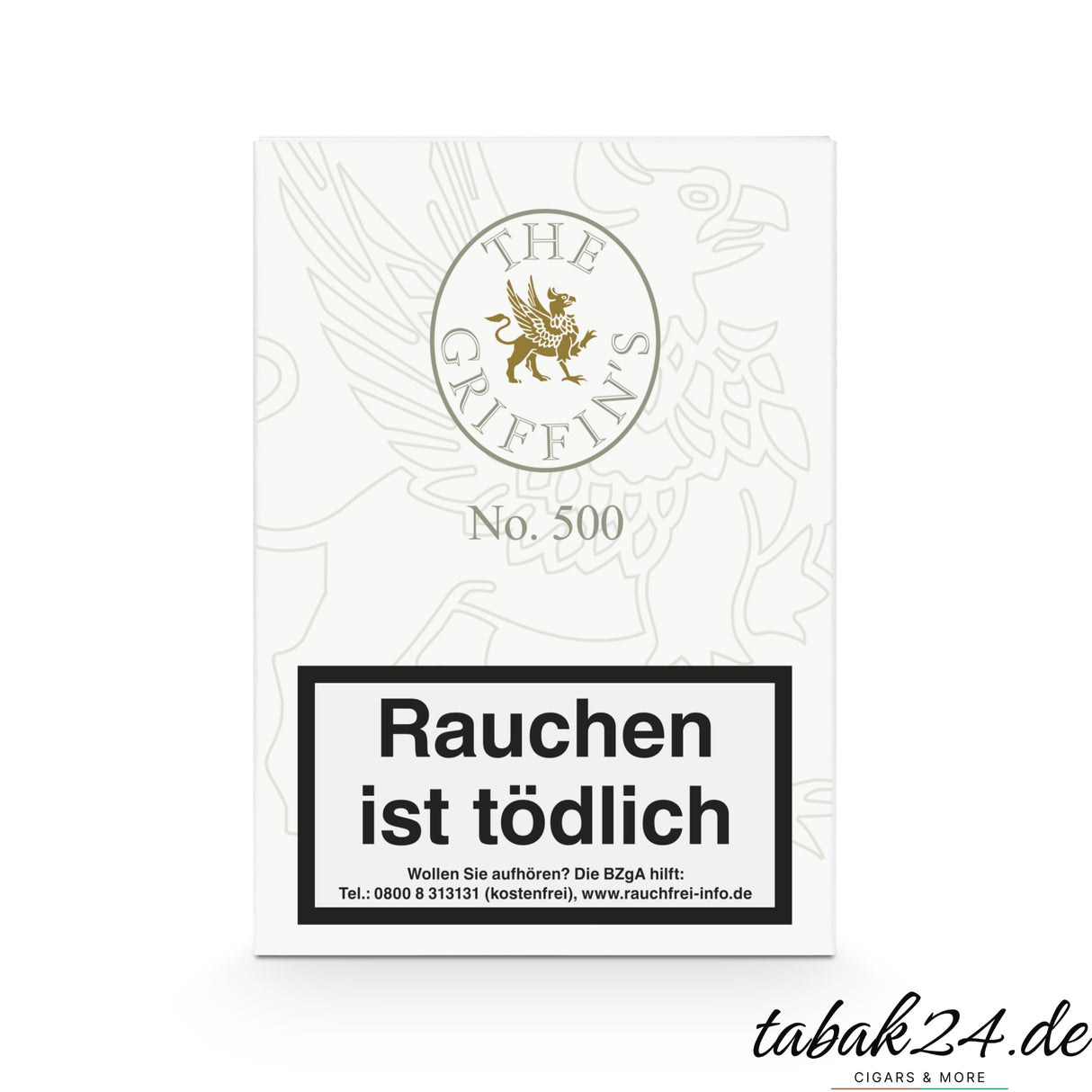 The Griffin’s No. 500 Verpackung mit weißem Design und goldener Prägung