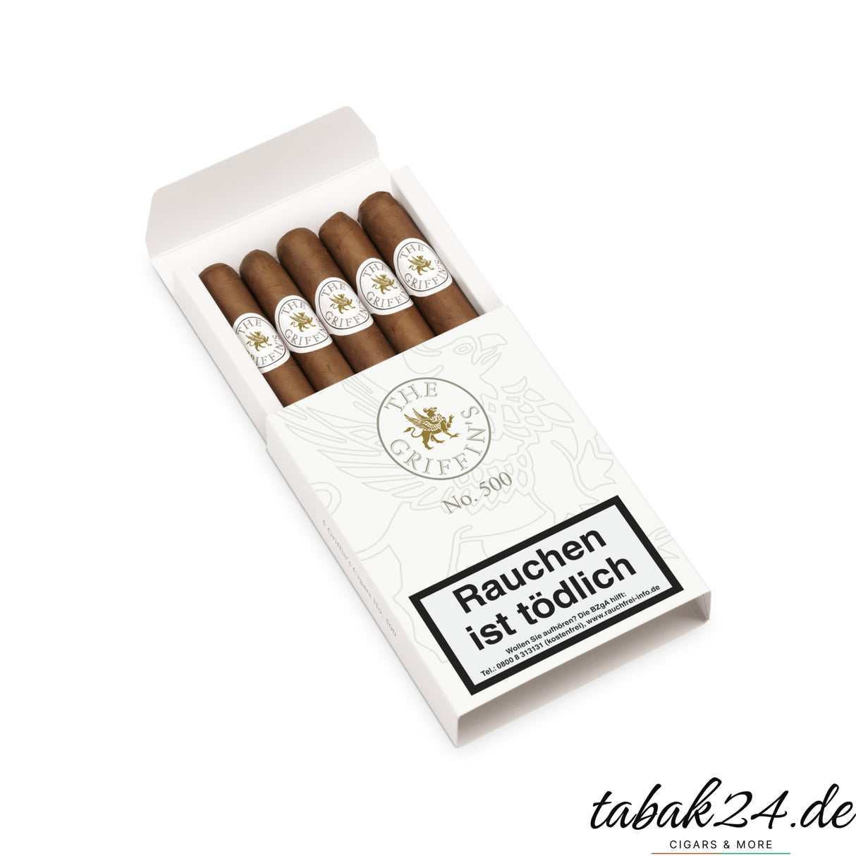 Geöffnetes 5er-Etui mit The Griffin’s No. 500 Zigarren und Markenlogo