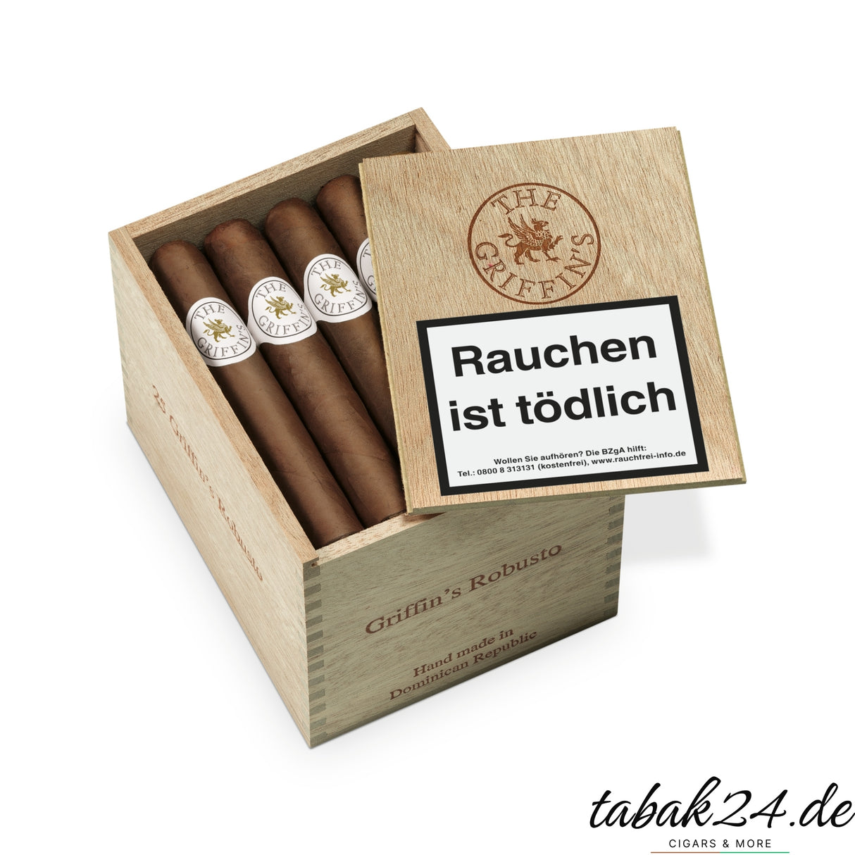 Geöffnete 25er-Kiste der Griffin’s Robusto Zigarren aus der Dominikanischen Republik