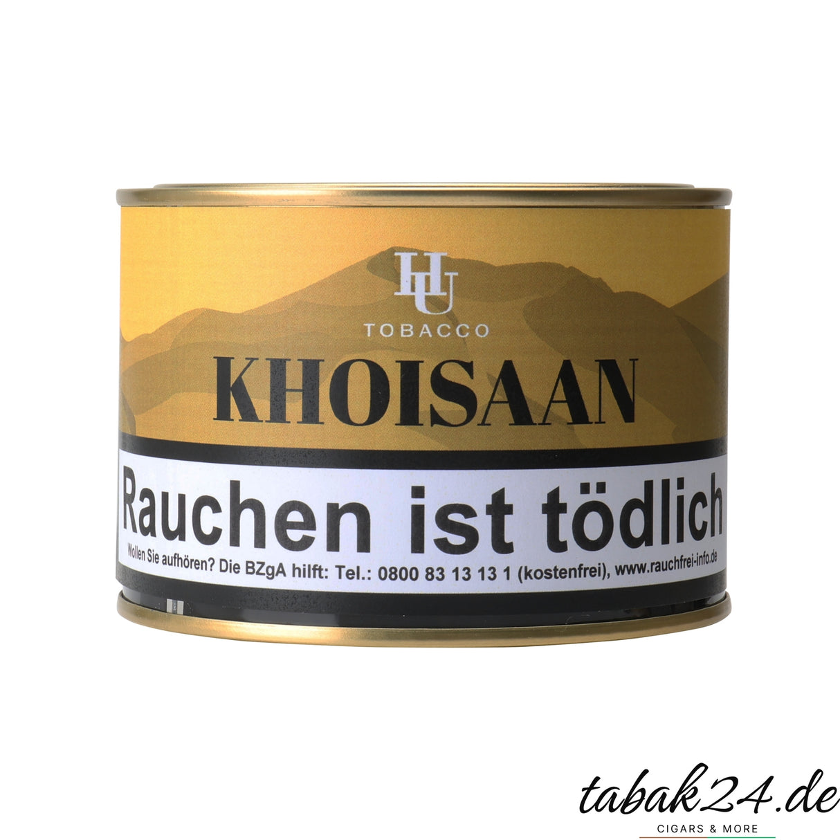 HU Khoisaan Pfeifentabak-Dose mit schwarzem Label auf weißem Hintergrund