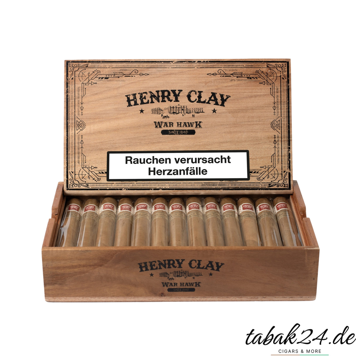 Geöffnete Kiste Henry Clay Churchill Zigarren – honduranische Premium-Zigarren im Tubo mit markanter Würze. Jetzt bei Tabak24.de erhältlich.
