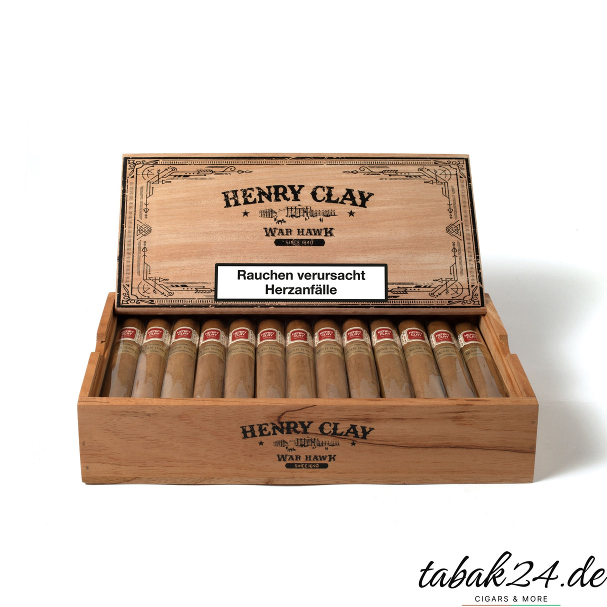 Henry Clay War Hawk Magnum – geöffnete Holzkiste mit 25 handgerollten Zigarren aus Honduras.
