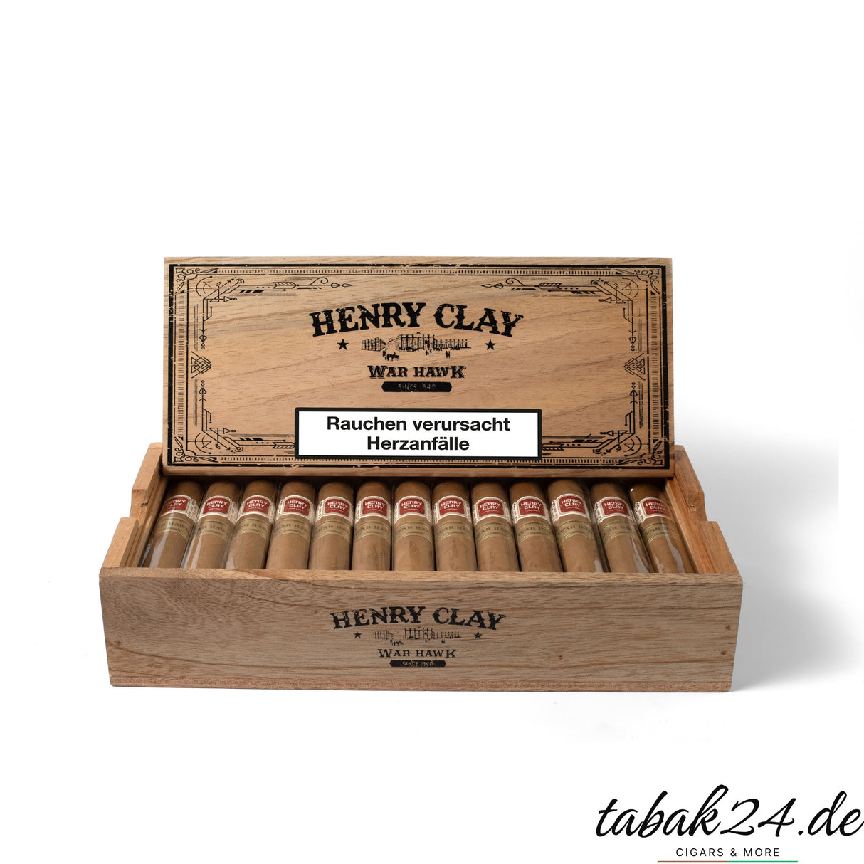 Henry Clay War Hawk Robusto – geöffnete Holzkiste mit 25 handgerollten Zigarren aus Honduras.