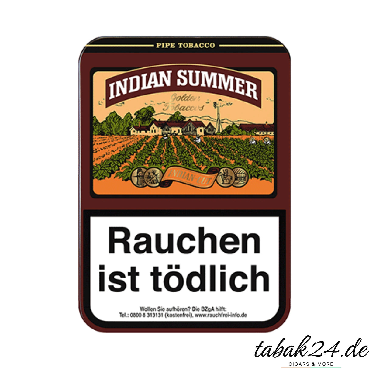 Indian Summer Pfeifentabak in der 100g Dose mit Bauernhof-Illustration