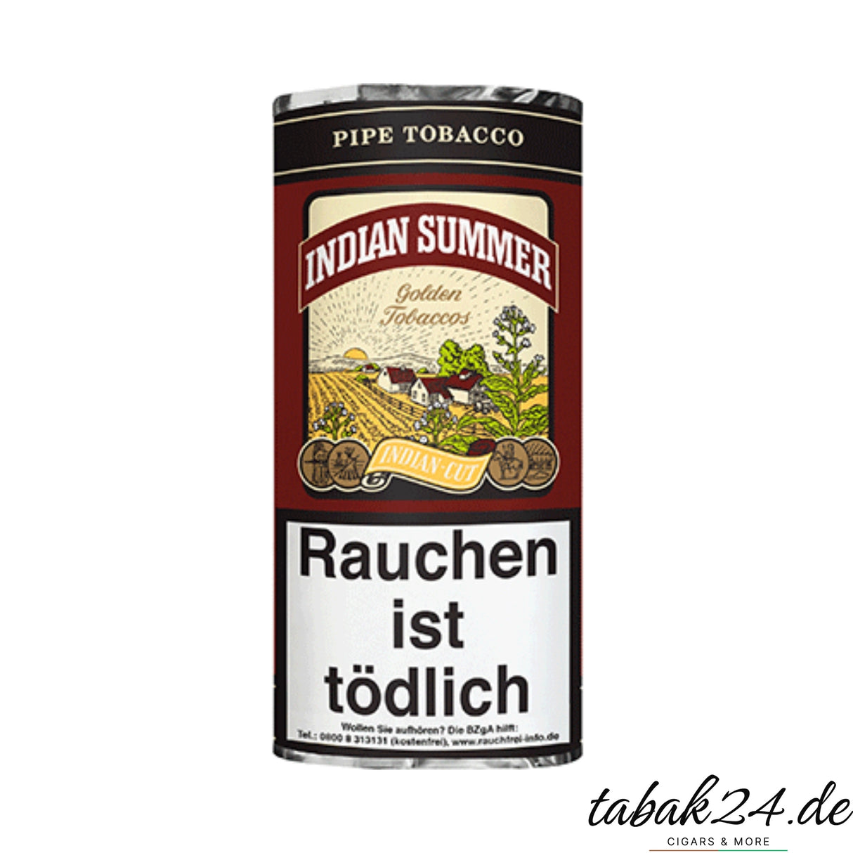 Indian Summer Pfeifentabak im 50g Pouch mit Feldmotiv und rotem Etikett