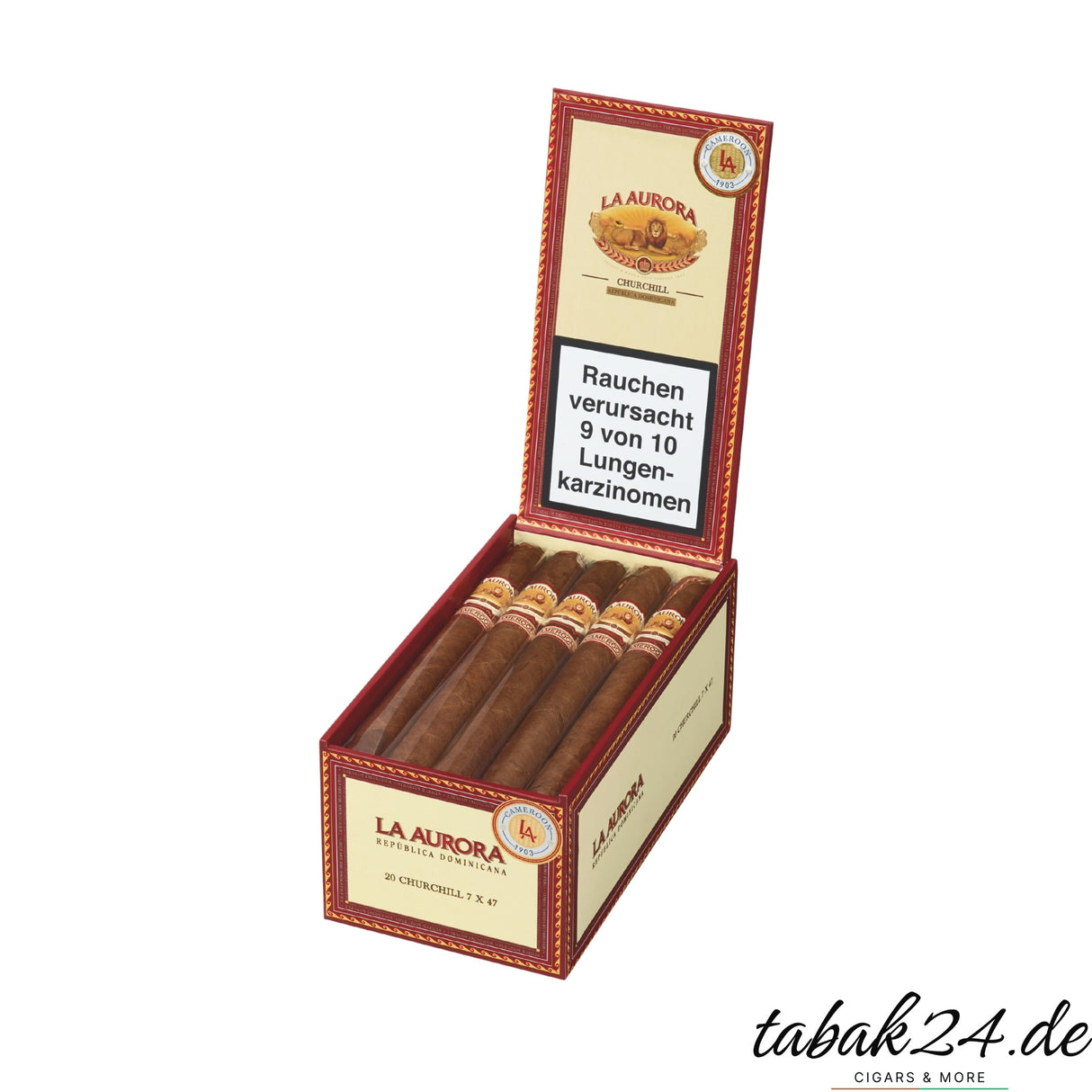 La Aurora 1903 Cameroon Churchill Kiste mit 20 Zigarren, geöffnet präsentiert
