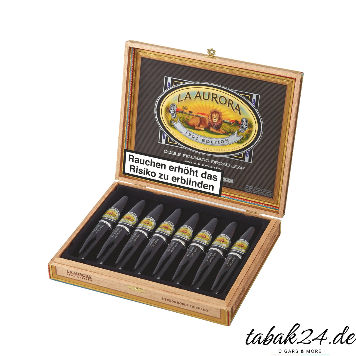 La Aurora Preferidos Diamond Zigarrenkiste mit 8 Broadleaf-Zigarren, offen