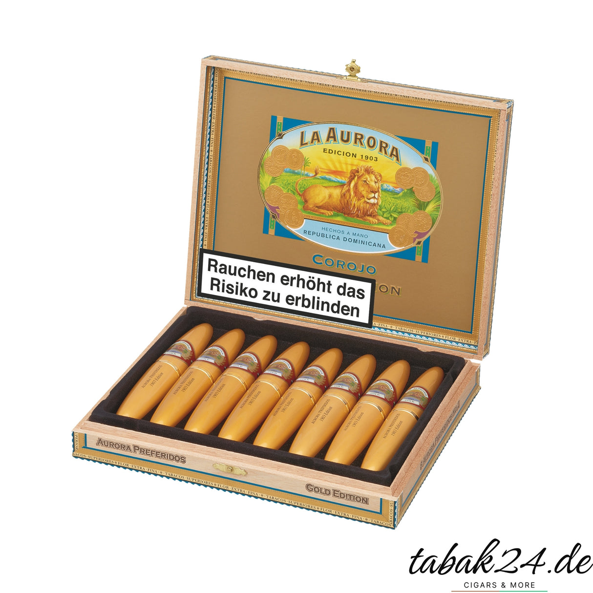 La Aurora Preferidos Gold Zigarrenkiste mit 8 Tubos, offen präsentiert