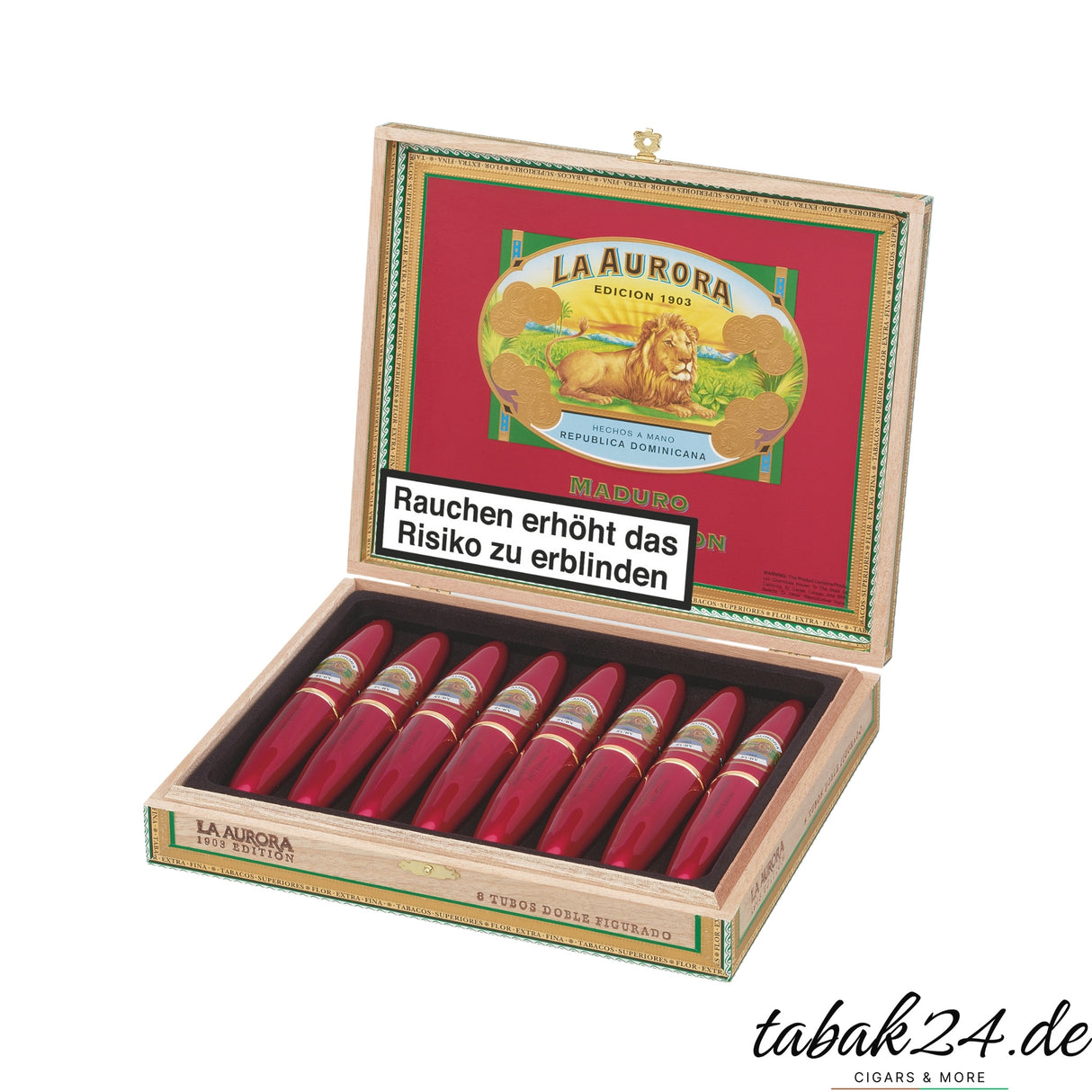 La Aurora Preferidos Ruby Zigarrenkiste mit 8 Maduro-Zigarren, geöffnet