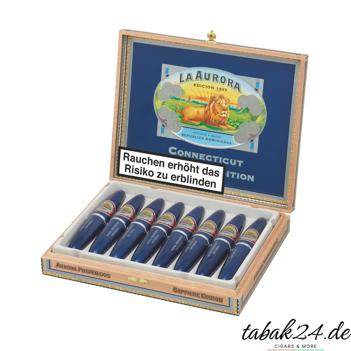 La Aurora Preferidos Sapphire Kiste mit 8 Zigarren in blauer Tube, geöffnet