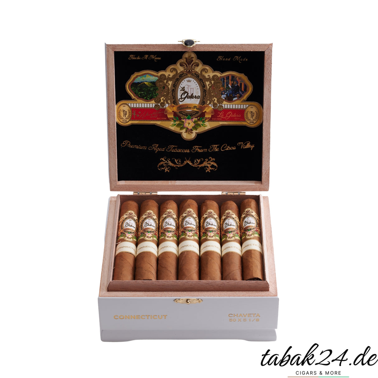 Offene Kiste mit 20 La Galera Chaveta Robusto Zigarren in weißer Box
