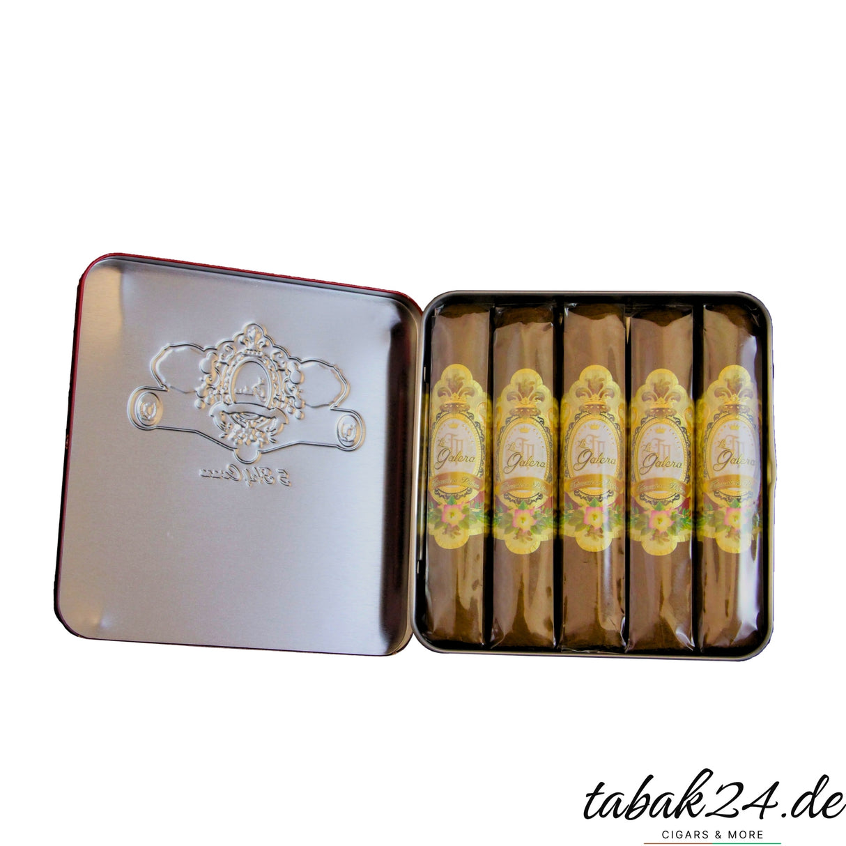 Geöffnete La Galera Corojo Half Corona Dose mit fünf Zigarren