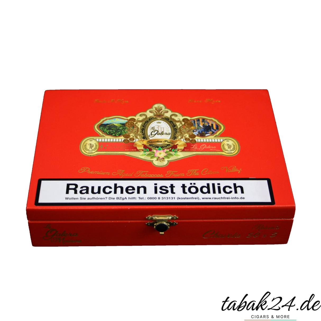 Geschlossene rote Kiste der La Galera Maduro Chaveta Robusto mit goldener Prägung