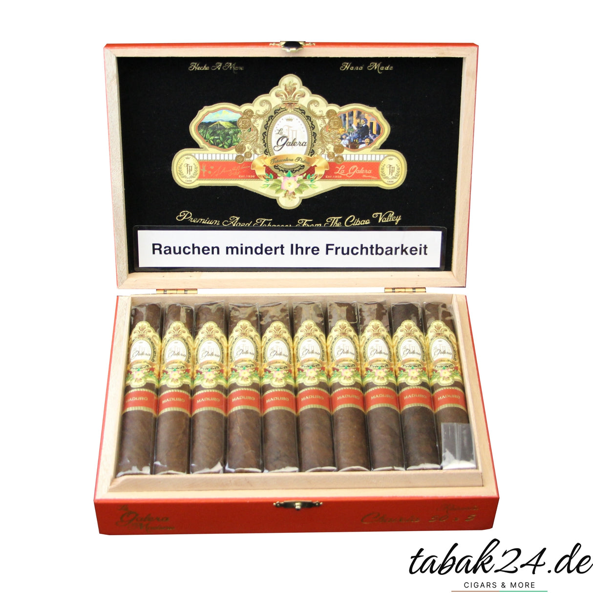 Geöffnete Kiste mit 20 La Galera Maduro Chaveta Robusto Zigarren im kräftigen Maduro-Look