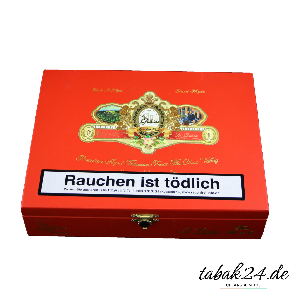 Geschlossene Kiste der La Galera Maduro El Lector Toro im kräftigen Rotdesign