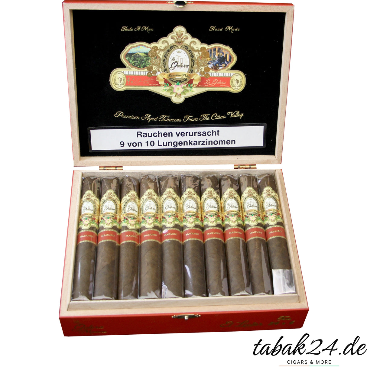 Geöffnete 20er-Kiste La Galera Maduro El Lector mit dunklen Toro-Zigarren