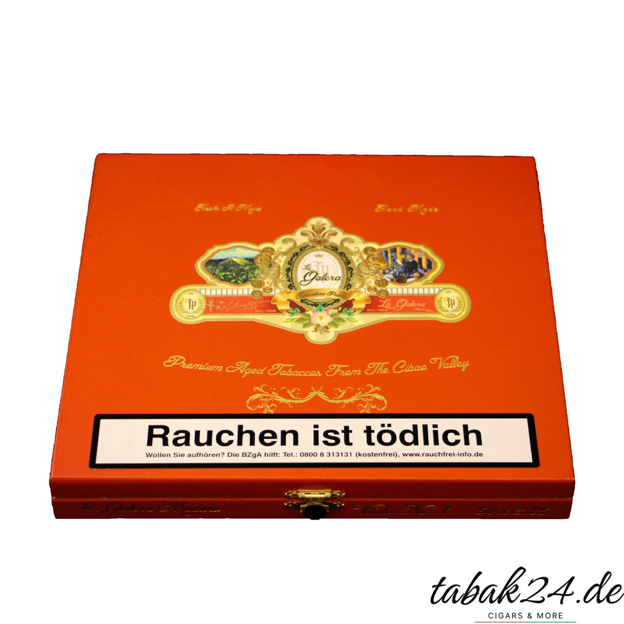 La Galera Maduro Half Corona – geschlossene rote Kiste mit goldener Prägung