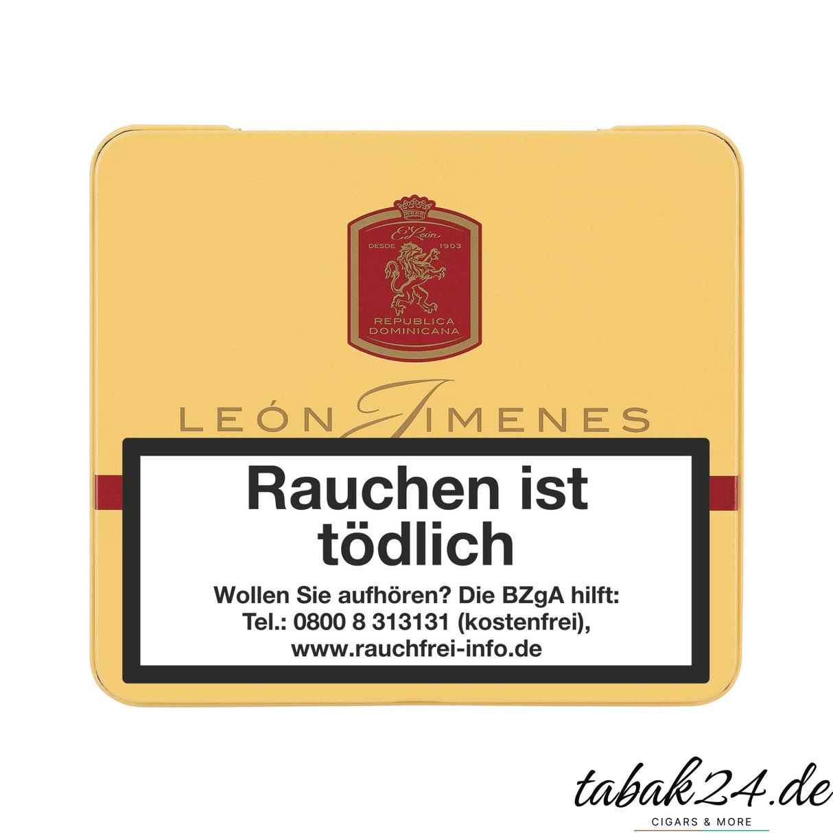 León Jimenes Petit Blond Metallbox geschlossen, gelbes Design mit Markenlogo