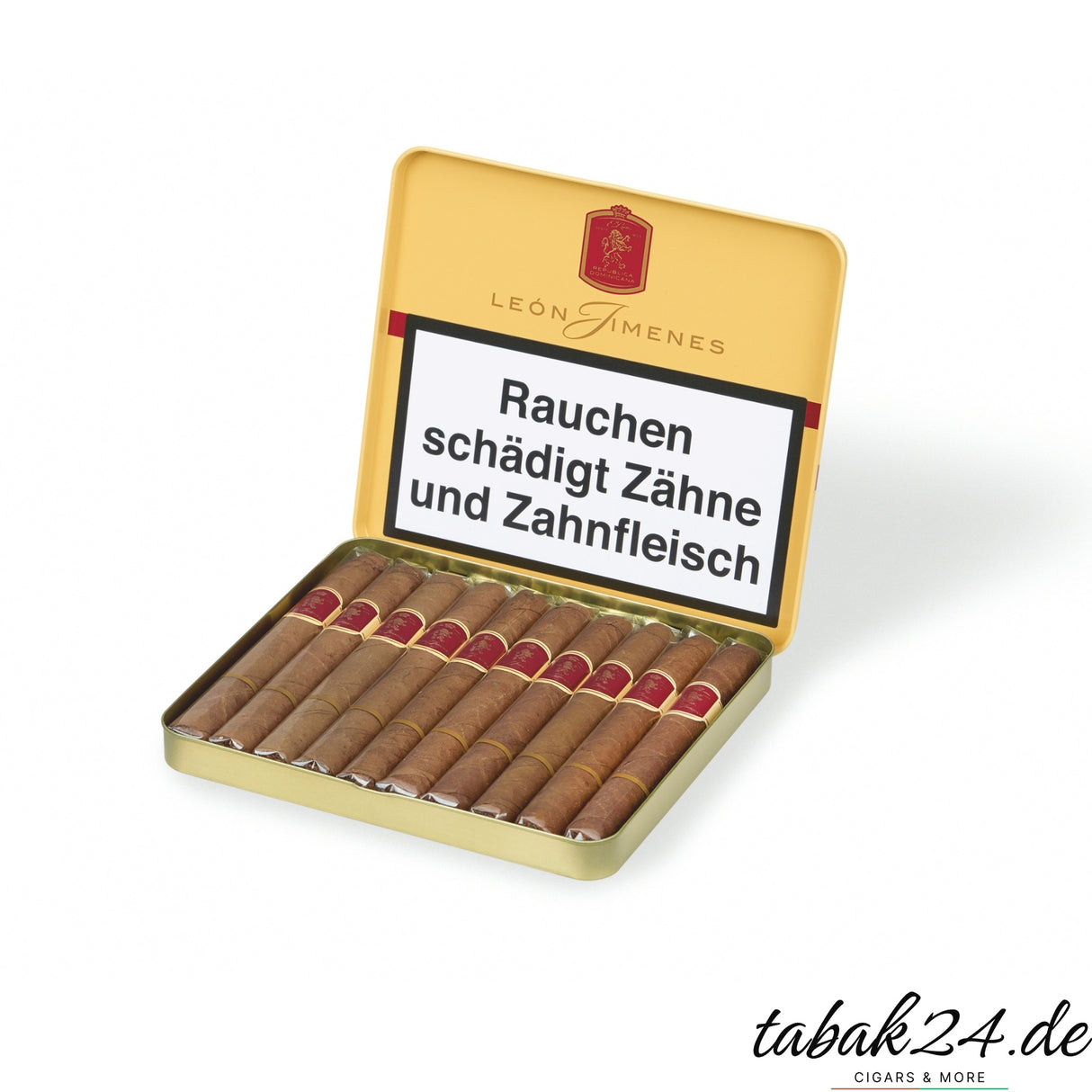 León Jimenes Petit Blond Zigarillos in geöffneter gelber Metallbox, zehn Stück