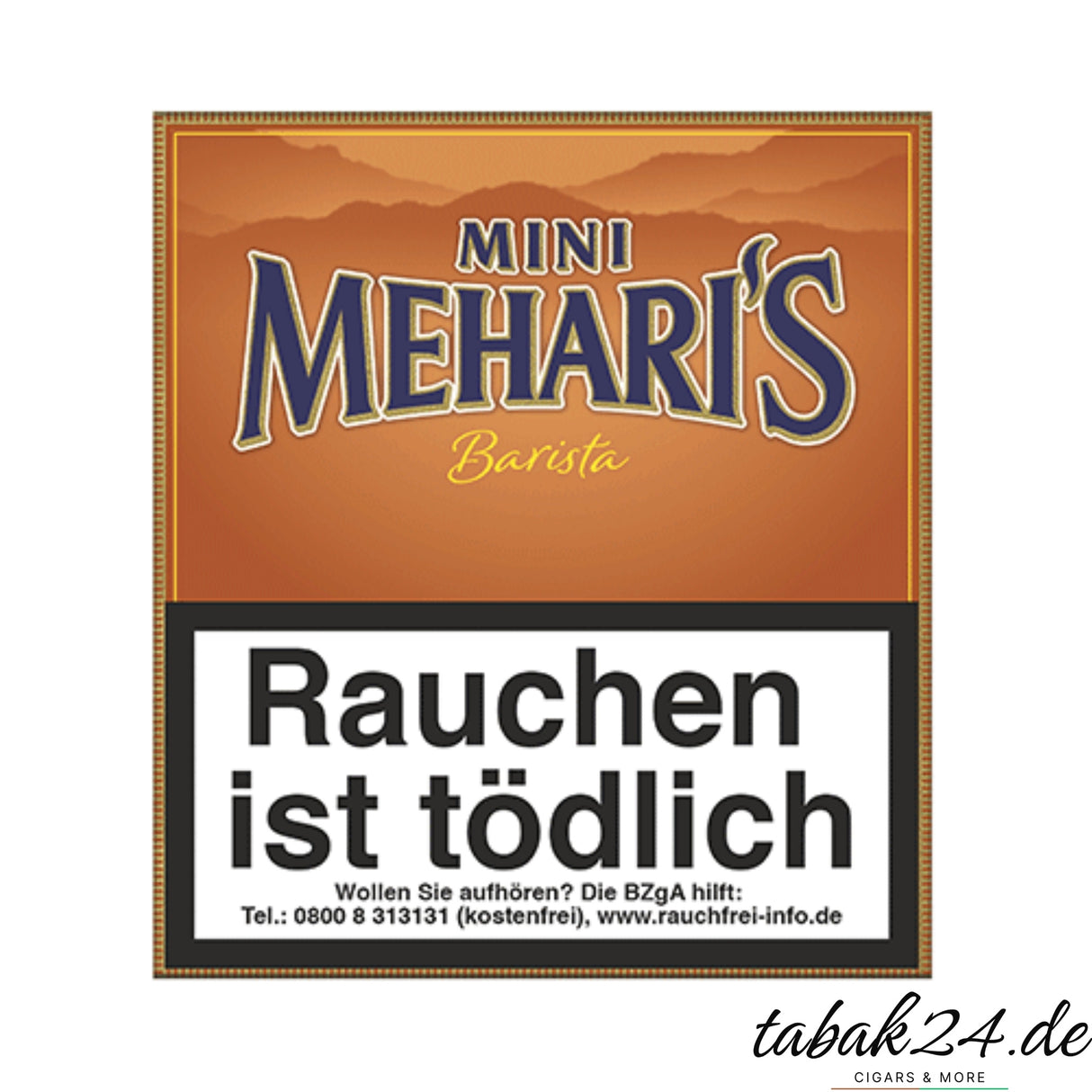 Mehari’s Mini Barista Packung mit Warnhinweis und Barista-Schriftzug