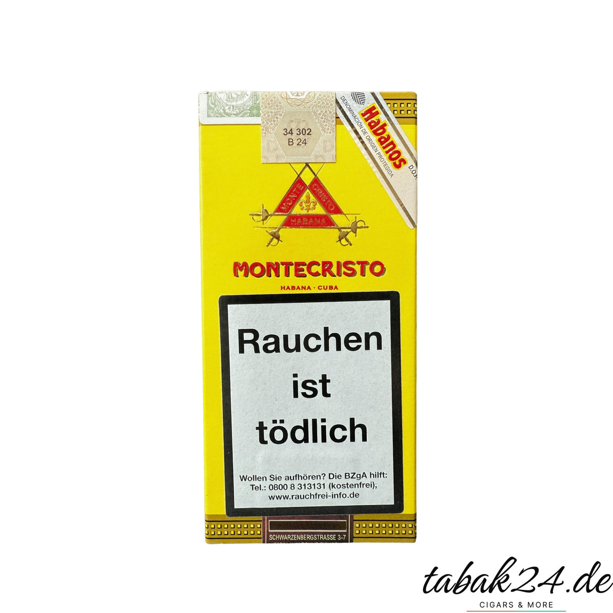 Gelbe Montecristo Edmundo Verpackung mit Warnhinweis Vorderseite