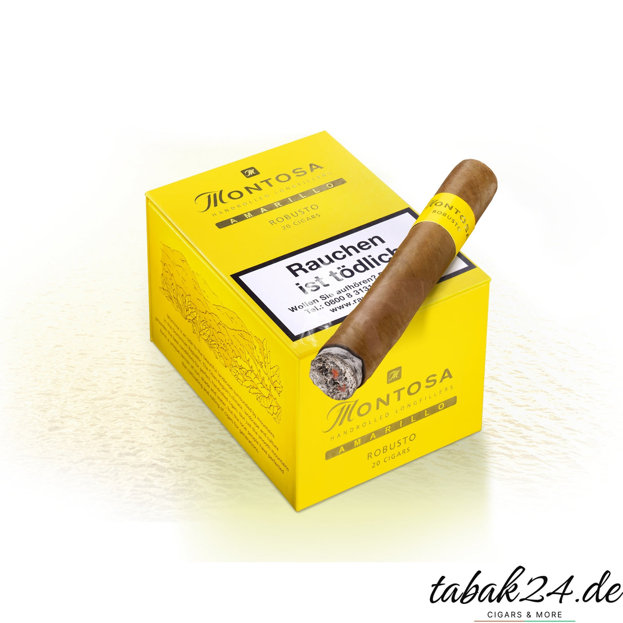 Montosa Amarillo Robusto auf Kiste – gelbes Design mit Zigarre